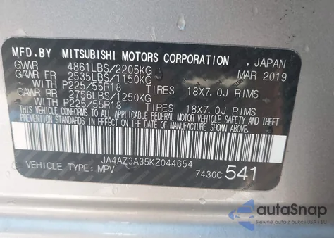 2019 Mitsubishi Outlander Se z USA, uszkodzony, nr VIN JA4AZ3A35KZ044654